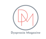 In pink letters "DM" is displayed in a black circle. Below that short form the words Dyspraxia Magazine show up in grey letters